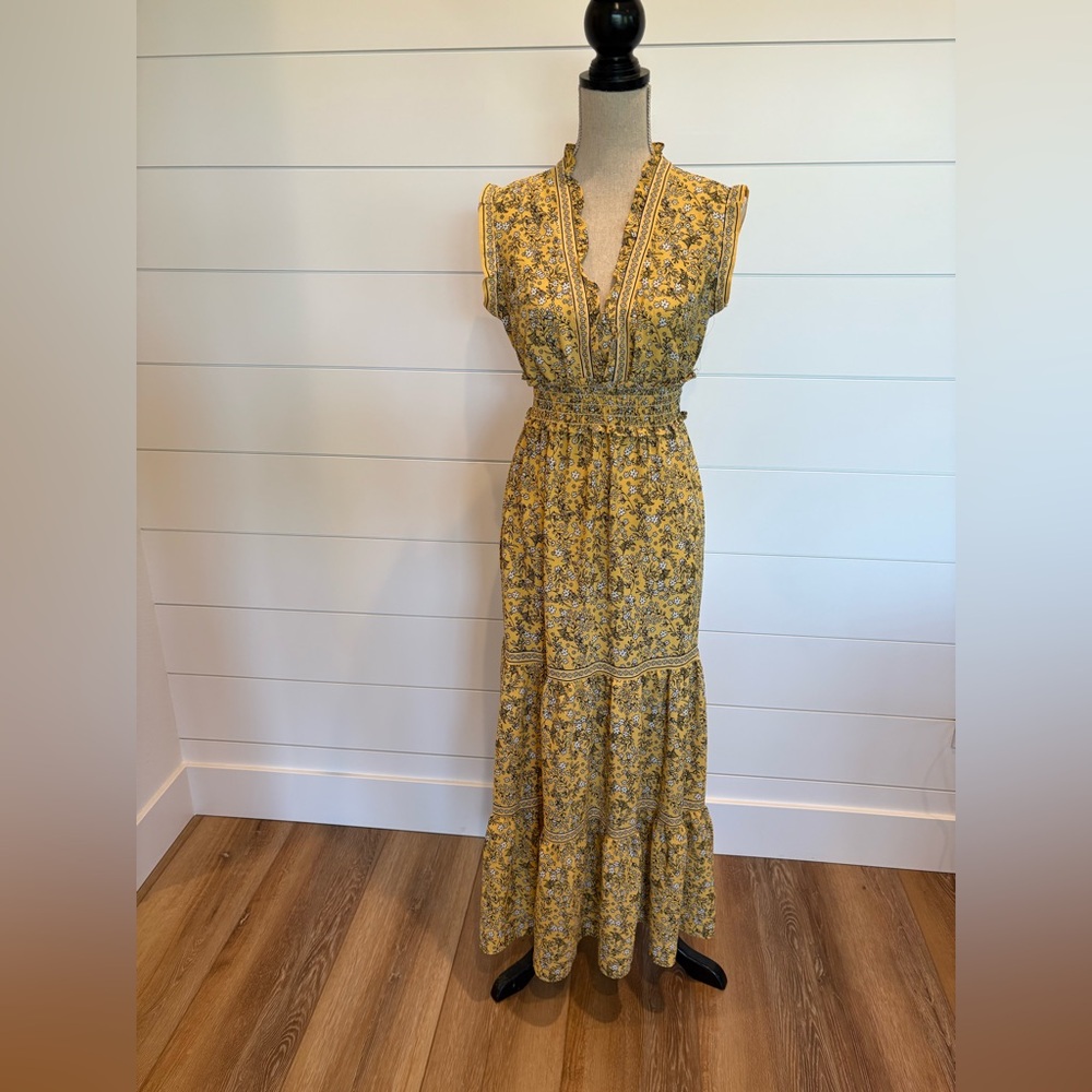Max Studio Sleeveless Ruffle Neck Tiered Yellow Black White Floral Maxi Dress SM
